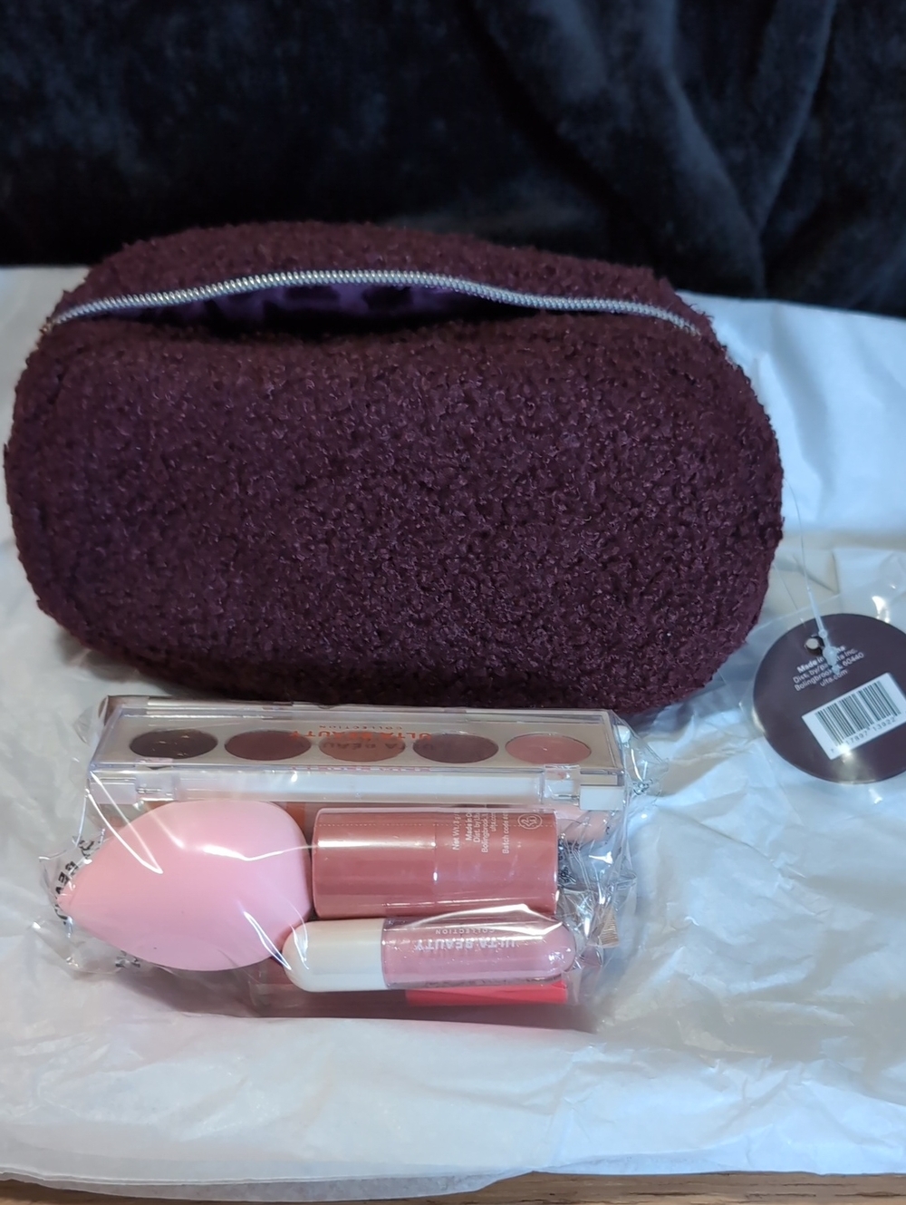 Ulta Beauty Plum Cosmetic Bag with Neutral Eyeshadow Palette & Pink Sponge